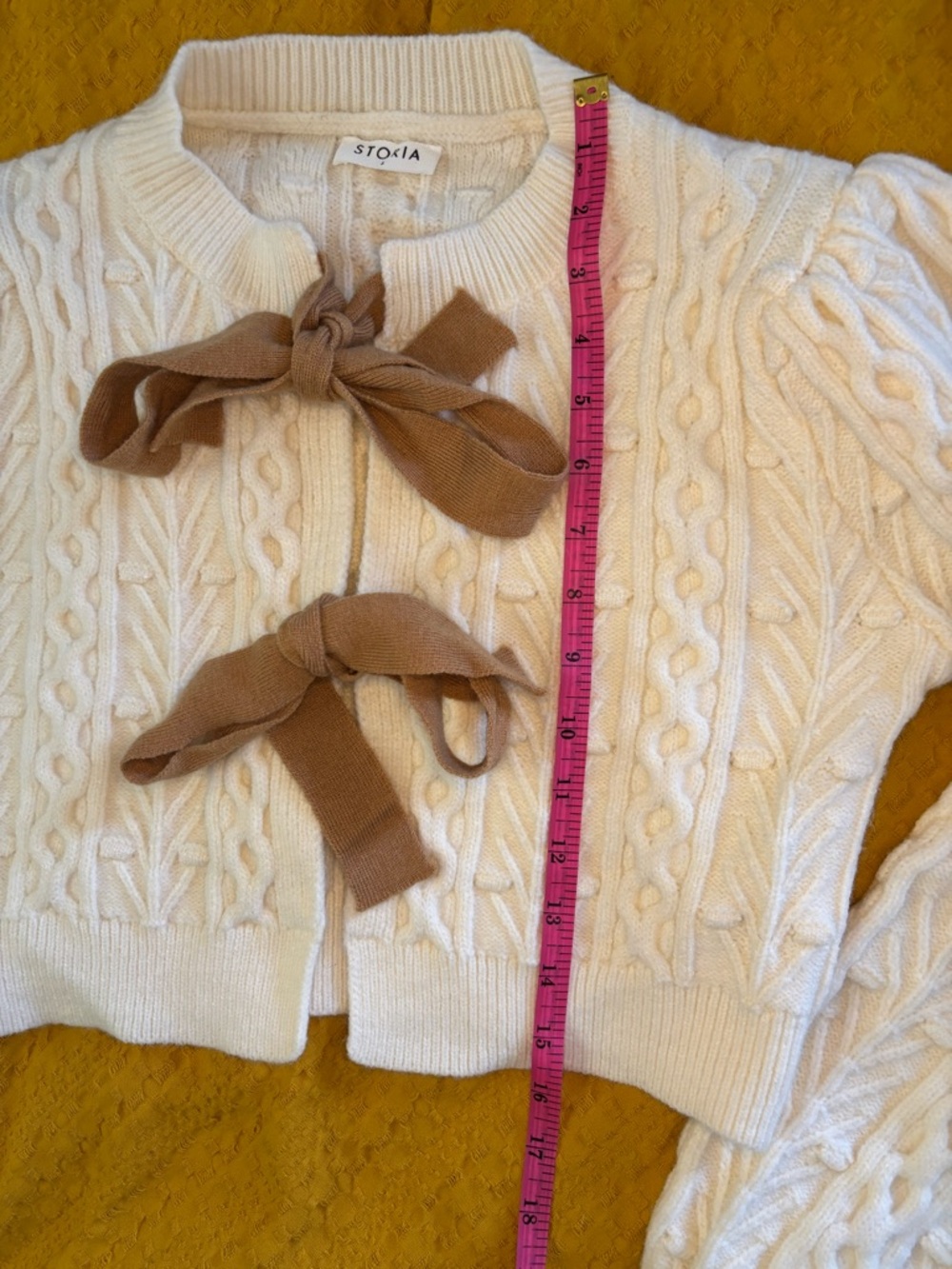 Storia Cream Cable Knit Cropped Cardigan with Brown Bow Ties - Picture 14 of 15